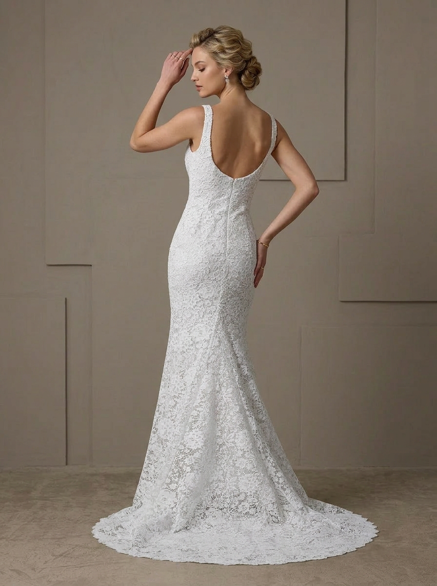 Timeless White All-Over Lace Square Neck Sheath Wedding Dress