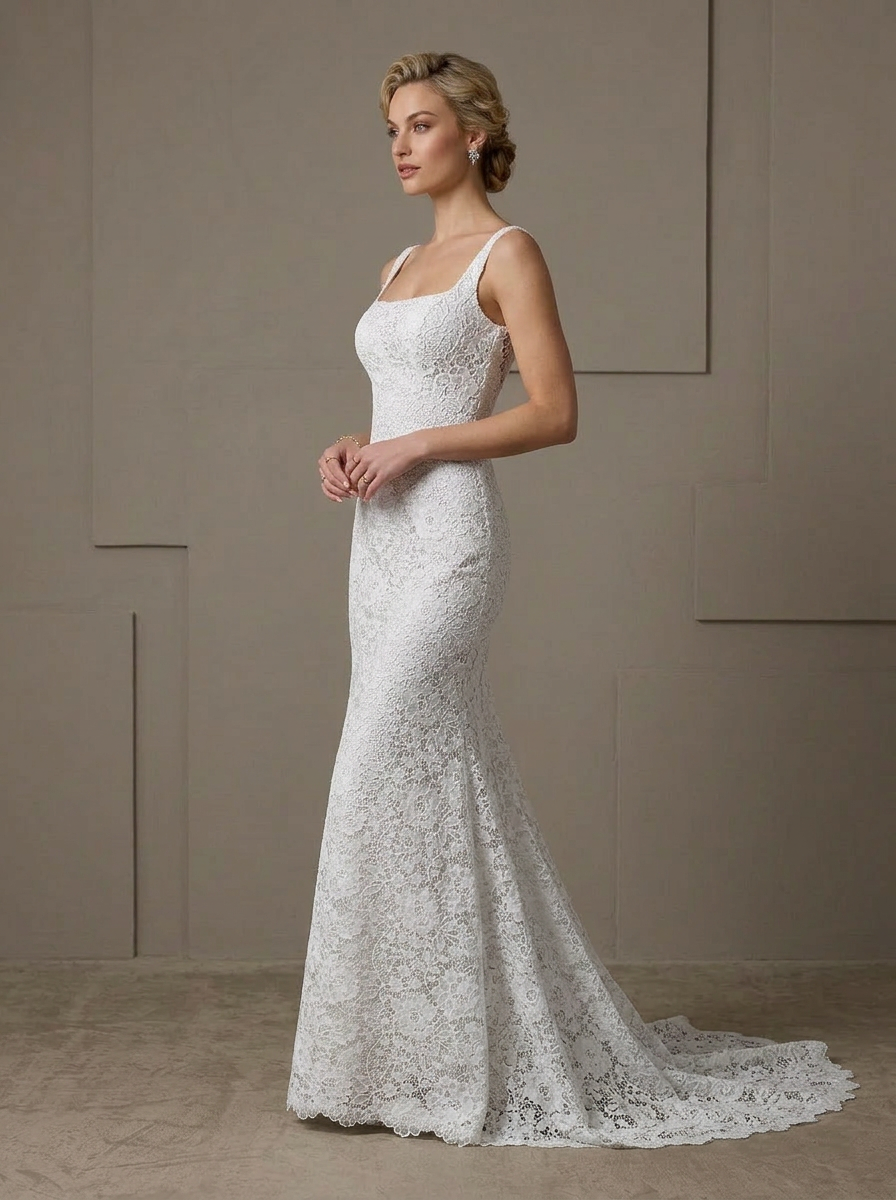 Timeless White All-Over Lace Square Neck Sheath Wedding Dress