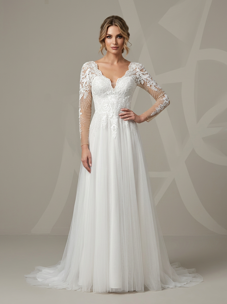 Romantic White V-Neck Illusion Long-Sleeve A-Line tulle Wedding Dress