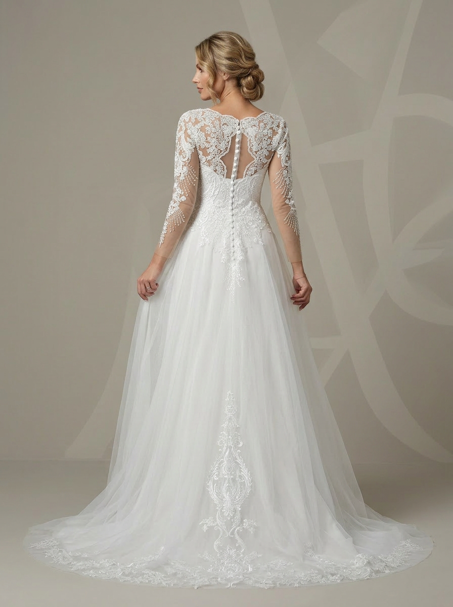 Romantic White V-Neck Illusion Long-Sleeve A-Line tulle Wedding Dress