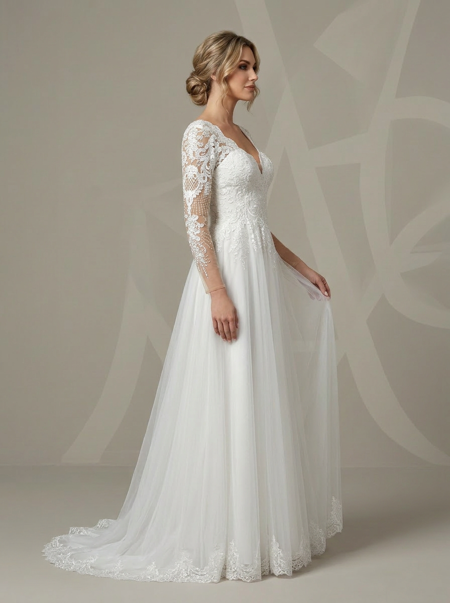 Romantic White V-Neck Illusion Long-Sleeve A-Line tulle Wedding Dress