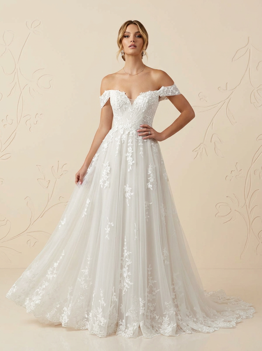 Enchanting Off-the-Shoulder Floral A-Line Tulle Wedding Dress