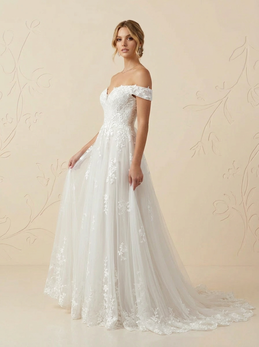 Enchanting Off-the-Shoulder Floral A-Line Tulle Wedding Dress
