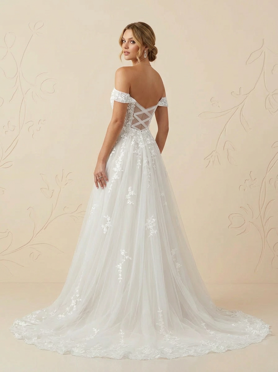 Enchanting Off-the-Shoulder Floral A-Line Tulle Wedding Dress
