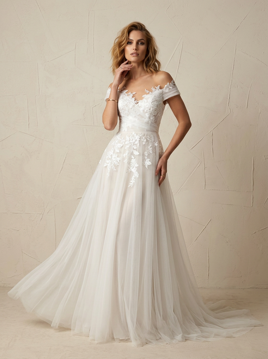 Ethereal White Off-the-Shoulder Tulle A-Line Wedding Dress