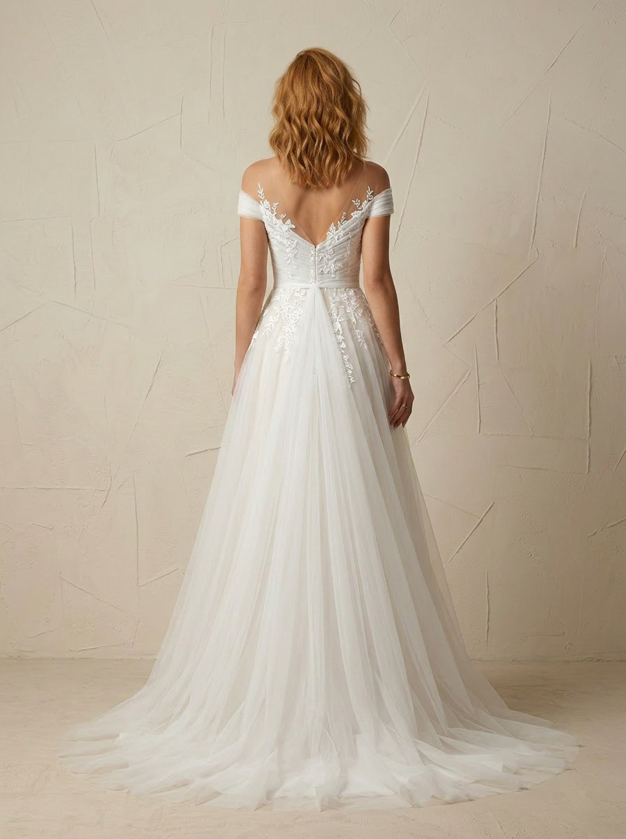 Ethereal White Off-the-Shoulder Tulle A-Line Wedding Dress