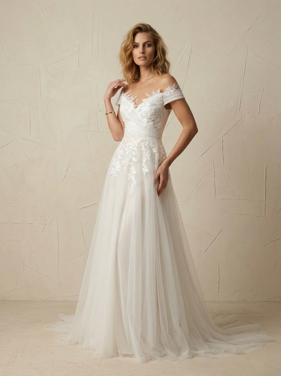 Ethereal White Off-the-Shoulder Tulle A-Line Wedding Dress