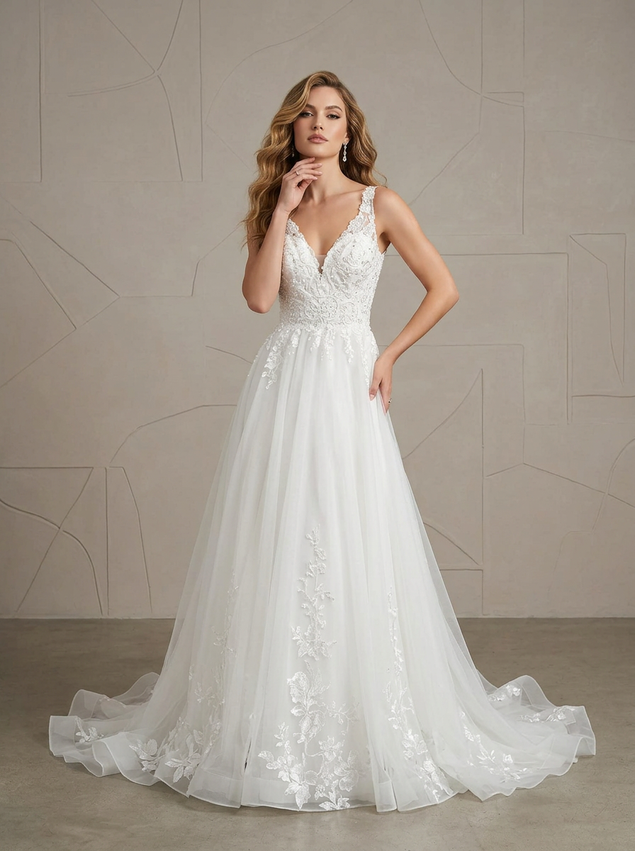 Elegant Illusion Lace Bodice A-Line Sequins Wedding Dress