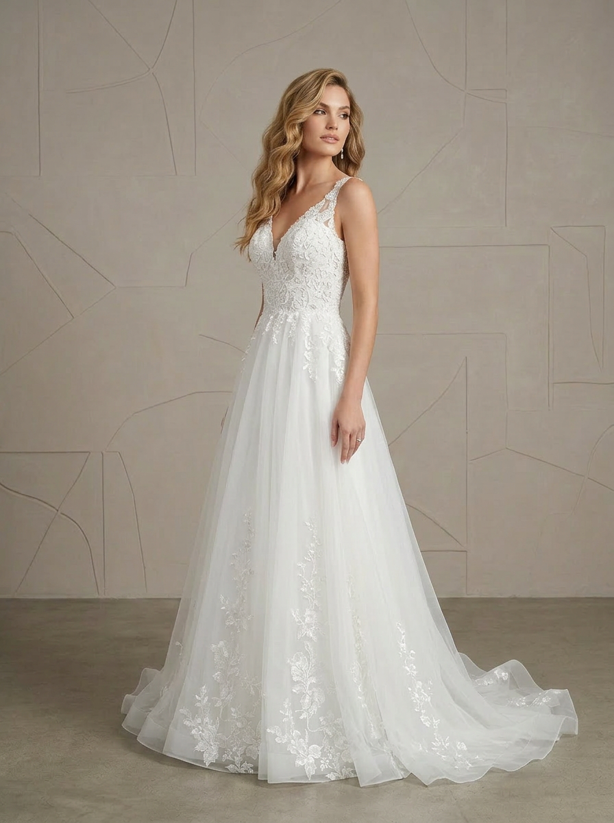 Elegant Illusion Lace Bodice A-Line Sequins Wedding Dress