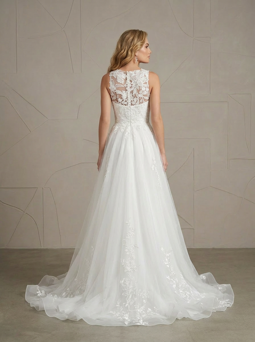Elegant Illusion Lace Bodice A-Line Sequins Wedding Dress