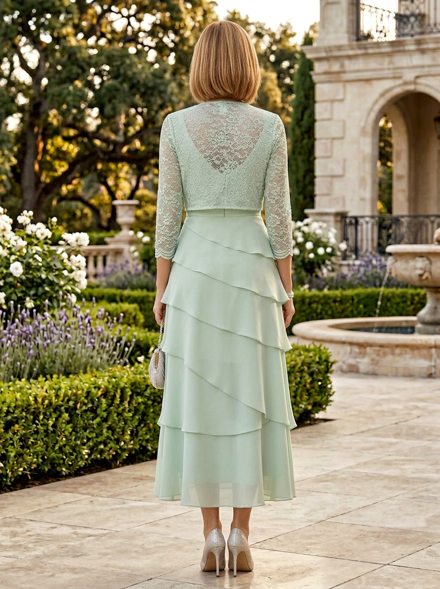 Sophisticated Sage Tiered A-Line V-Neck Mother of the Bride & Groom Dresses 