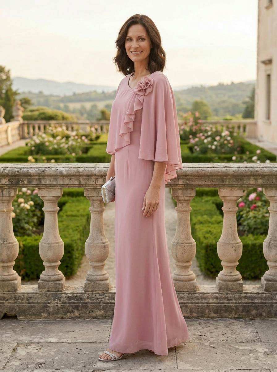 Elegant Dusty Rose Chiffon Cape A-line Mother of the Bride & Groom Dresses 