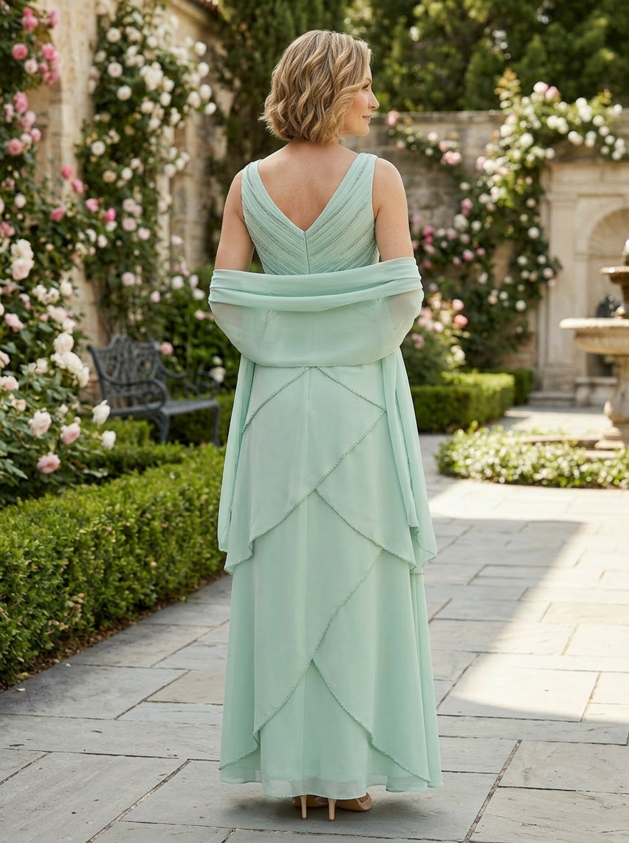  Sage Beaded Tiered V-Neck A-line Mother of the Bride & Groom Dresses 