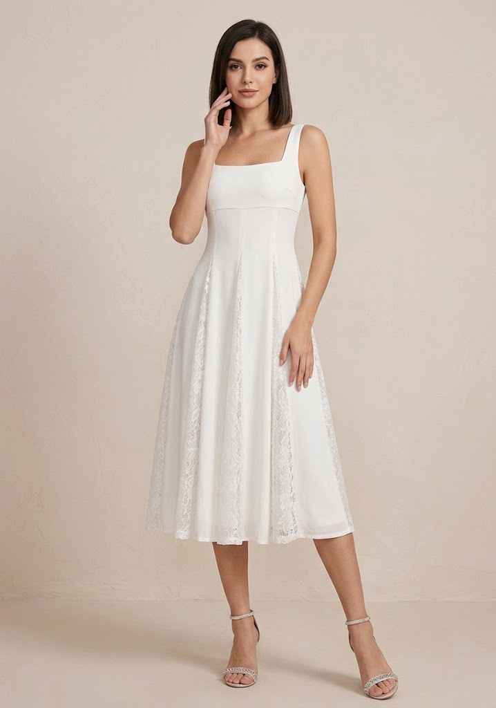 Timeless White Elegance Lace-Paneled Square Neckline Midi Wedding Dress