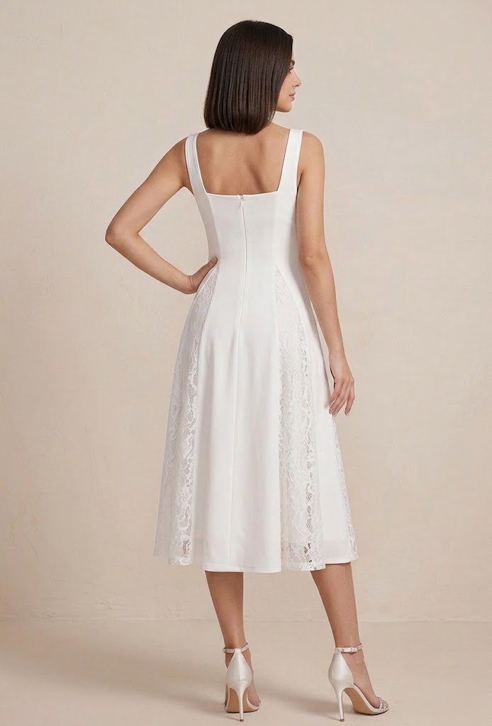 Timeless White Elegance Lace-Paneled Square Neckline Midi Wedding Dress