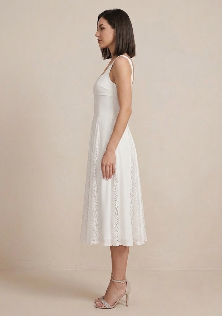 Timeless White Elegance Lace-Paneled Square Neckline Midi Wedding Dress