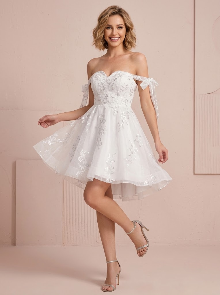  Enchanting White Sweetheart Sequin Embellished A-Line Mini Wedding Dress