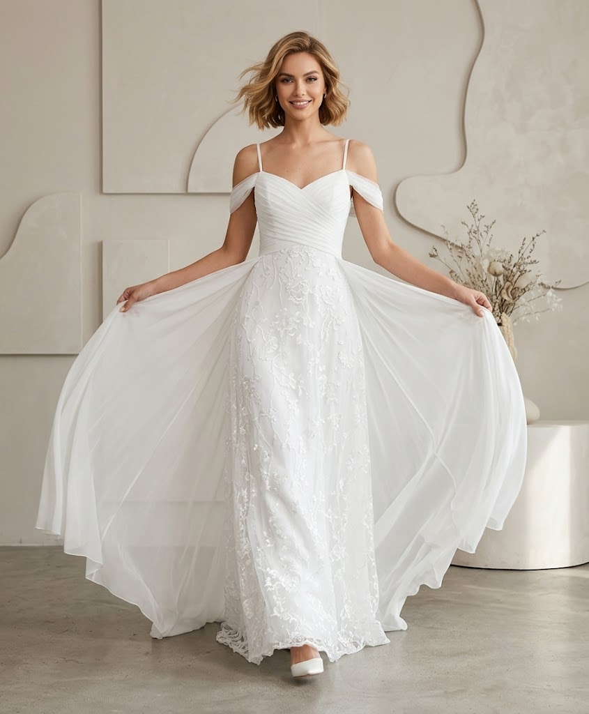 Ethereal White Lace-Overlay A-Line Off-The-Shoulder Wedding Dress