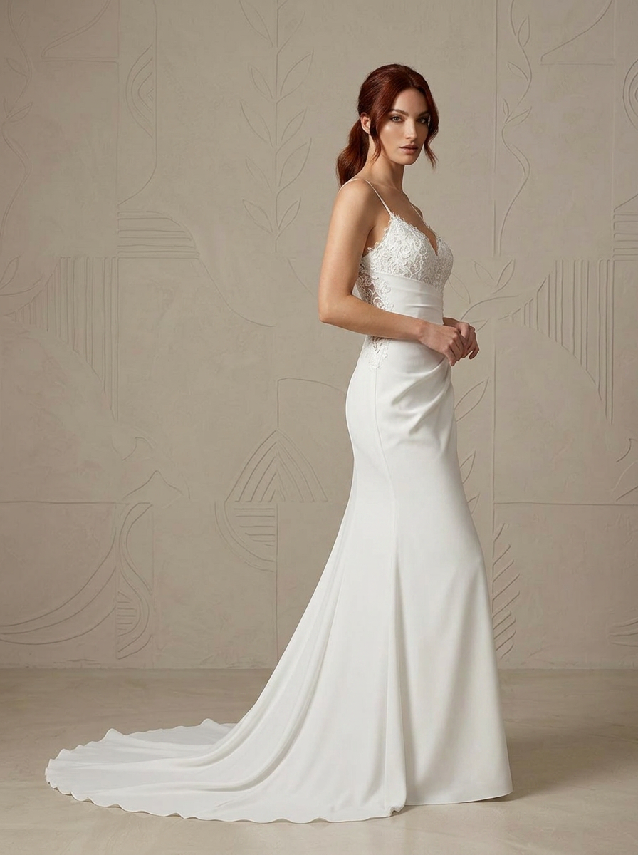 White Mermaid V-Neck Sequins Stretch Satin Wedding Dress