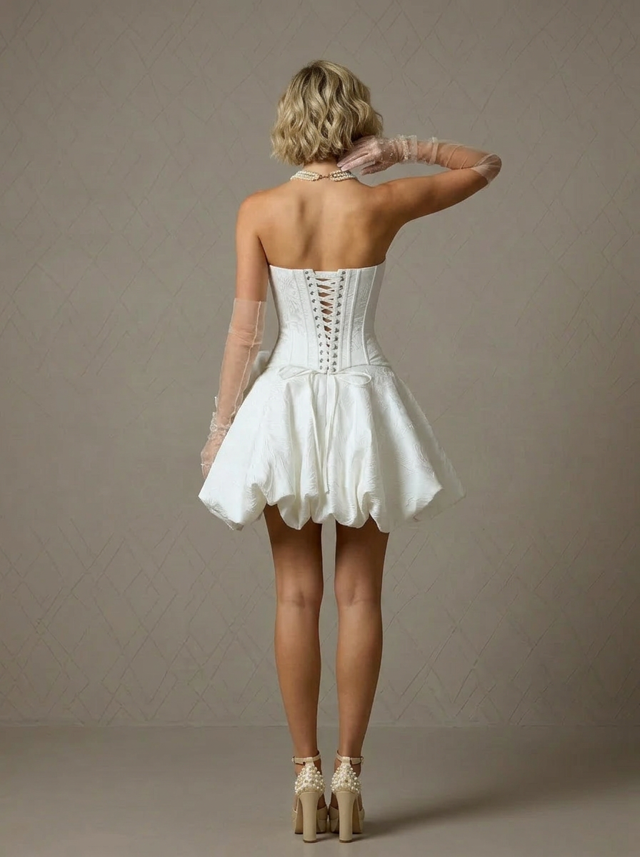 Ivory Ball-Gown Strapless Floral Jacquard A-Line Mini Wedding Dress