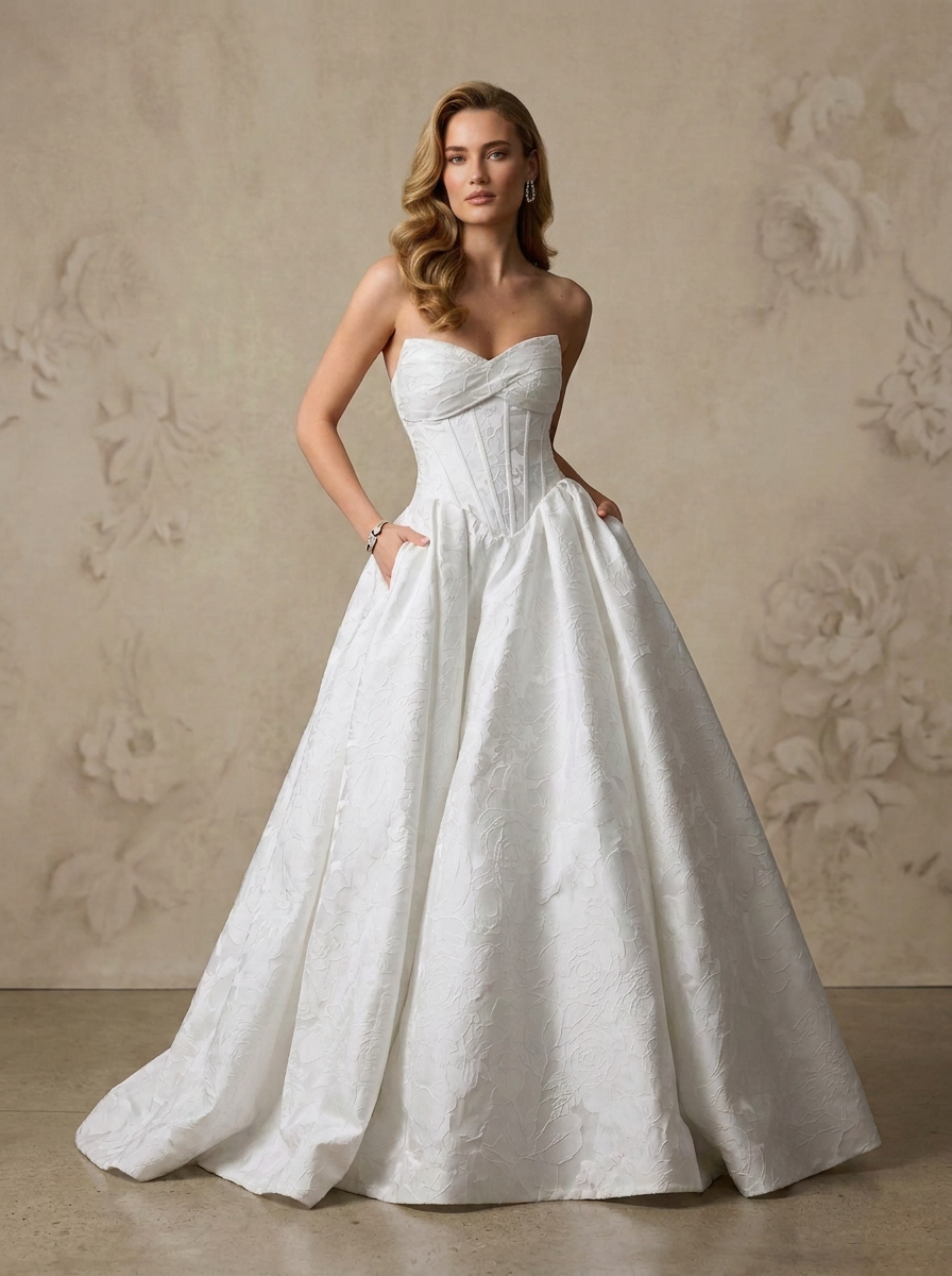  White Ball-Gown Strapless Floral Jacquard Sweetheart A-Line Wedding Dress