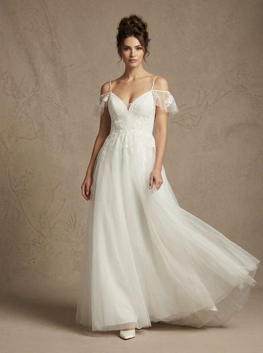  White A-Line V-Neck Sequins Tulle Wedding Dress