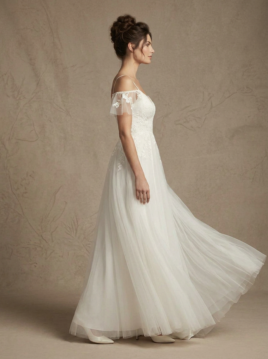  White A-Line V-Neck Sequins Tulle Wedding Dress