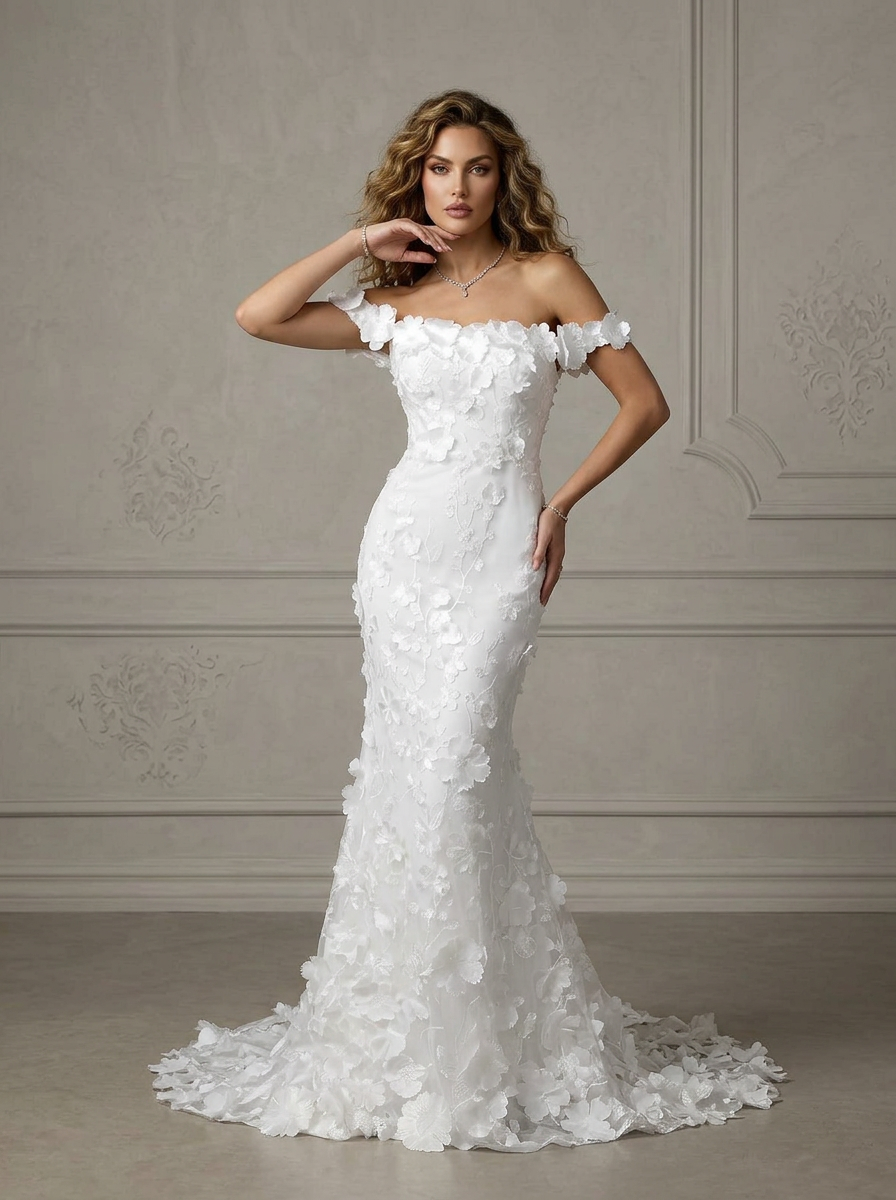 White 3D Floral Off-the-Shoulder Column Mermaid Lace Wedding Dress