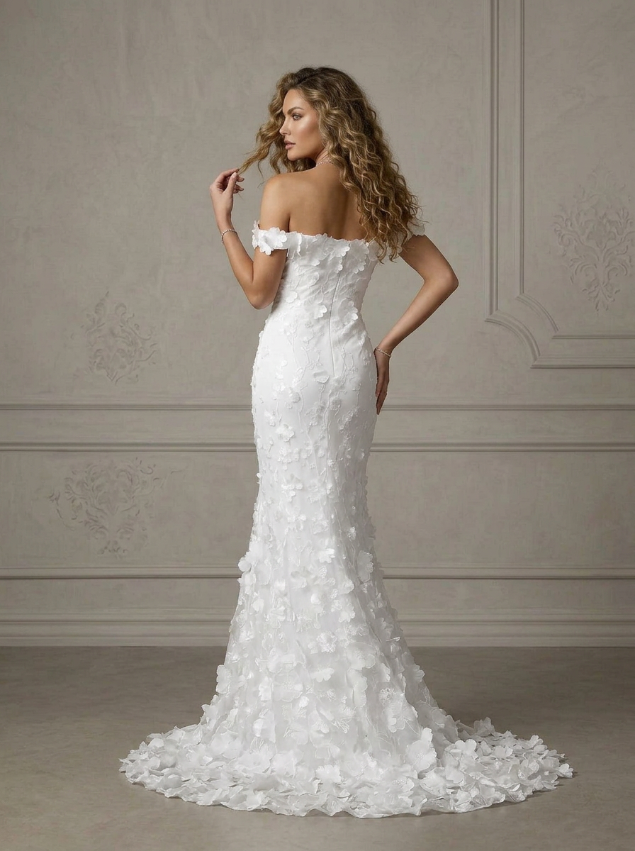White 3D Floral Off-the-Shoulder Column Mermaid Lace Wedding Dress