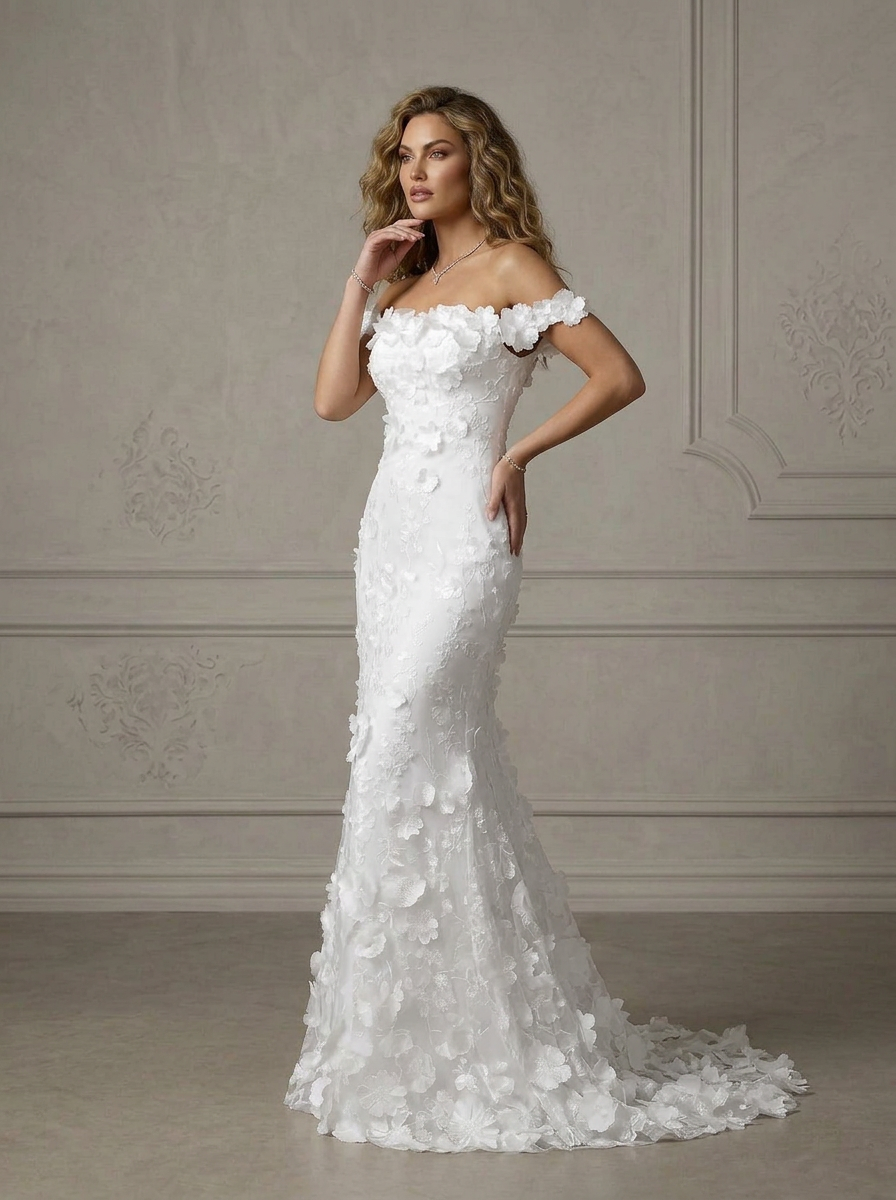 White 3D Floral Off-the-Shoulder Column Mermaid Lace Wedding Dress
