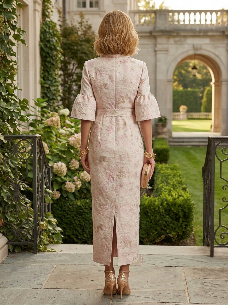 Exquisite Blush Floral Jacquard V-Neck Sheath Midi Coat Mother of the Bride & Groom Dresses 