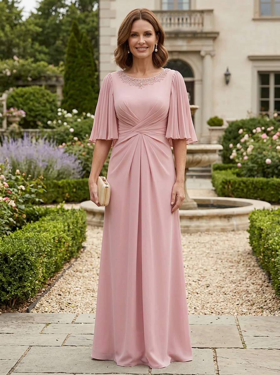 Graceful Dusty Rose Pleated-Sleeve Chiffon Mother of the Bride & Groom Dresses 