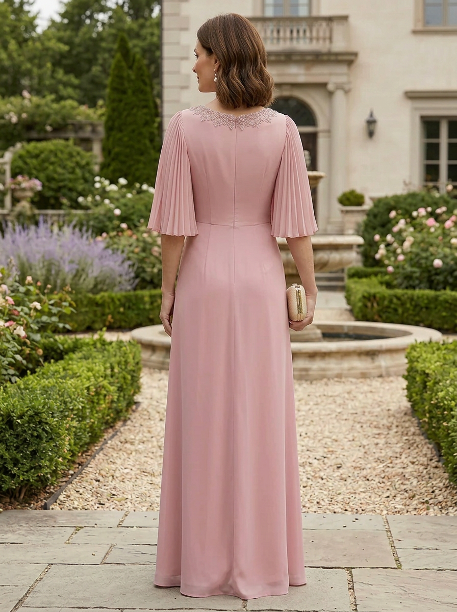 Graceful Dusty Rose Pleated-Sleeve Chiffon Mother of the Bride & Groom Dresses 