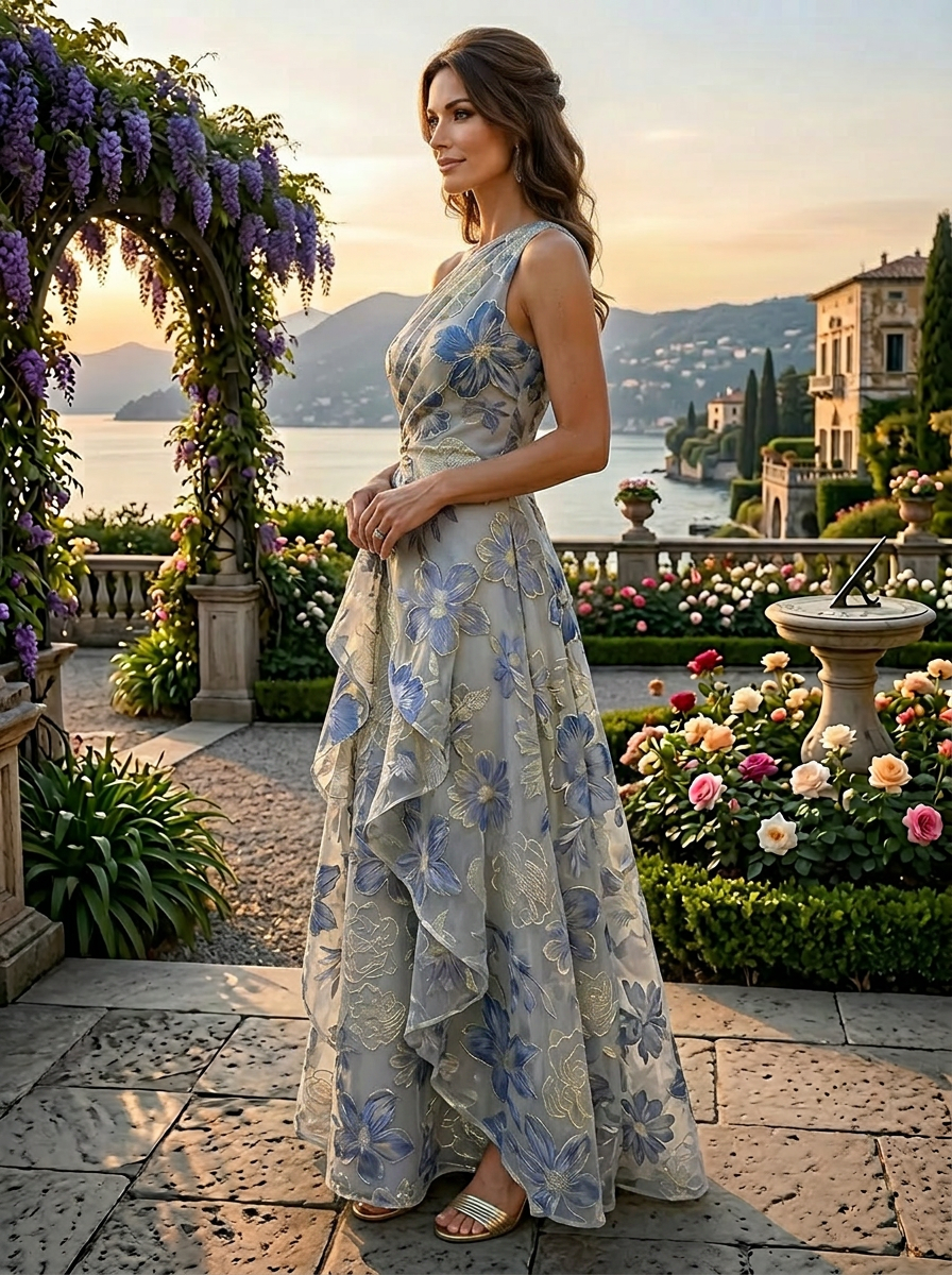 Ethereal Blue Floral Embroidered One-Shoulder A-Line Mother of the Bride & Groom Dresses 