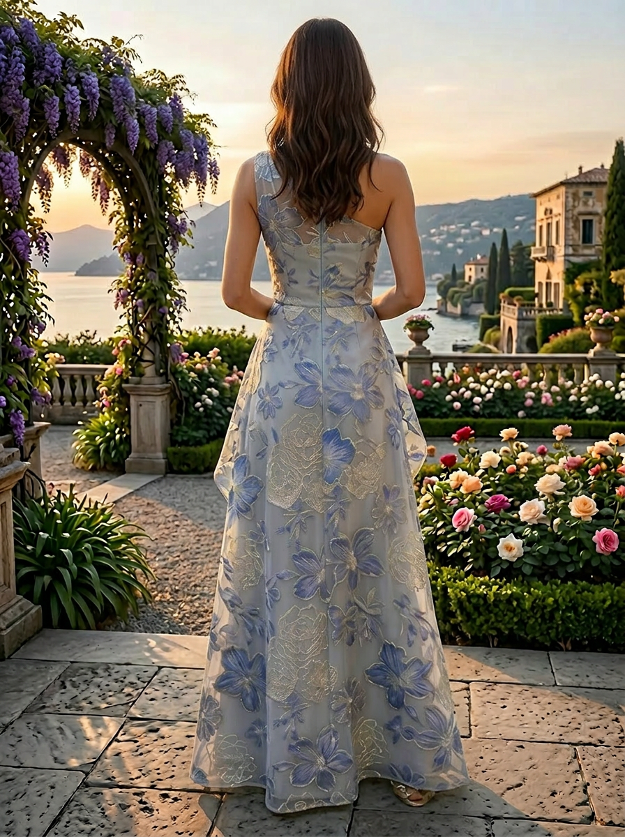 Ethereal Blue Floral Embroidered One-Shoulder A-Line Mother of the Bride & Groom Dresses 