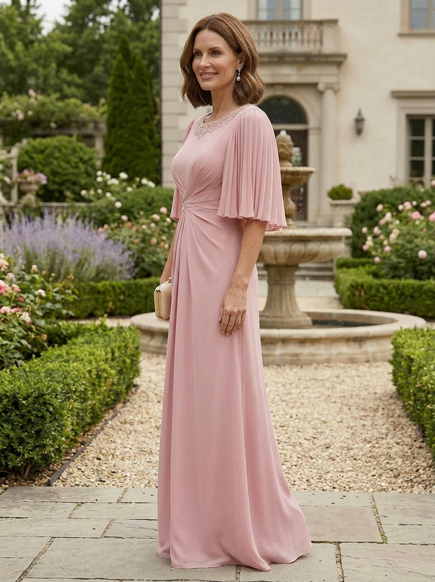 Graceful Dusty Rose Pleated-Sleeve Chiffon Mother of the Bride & Groom Dresses 