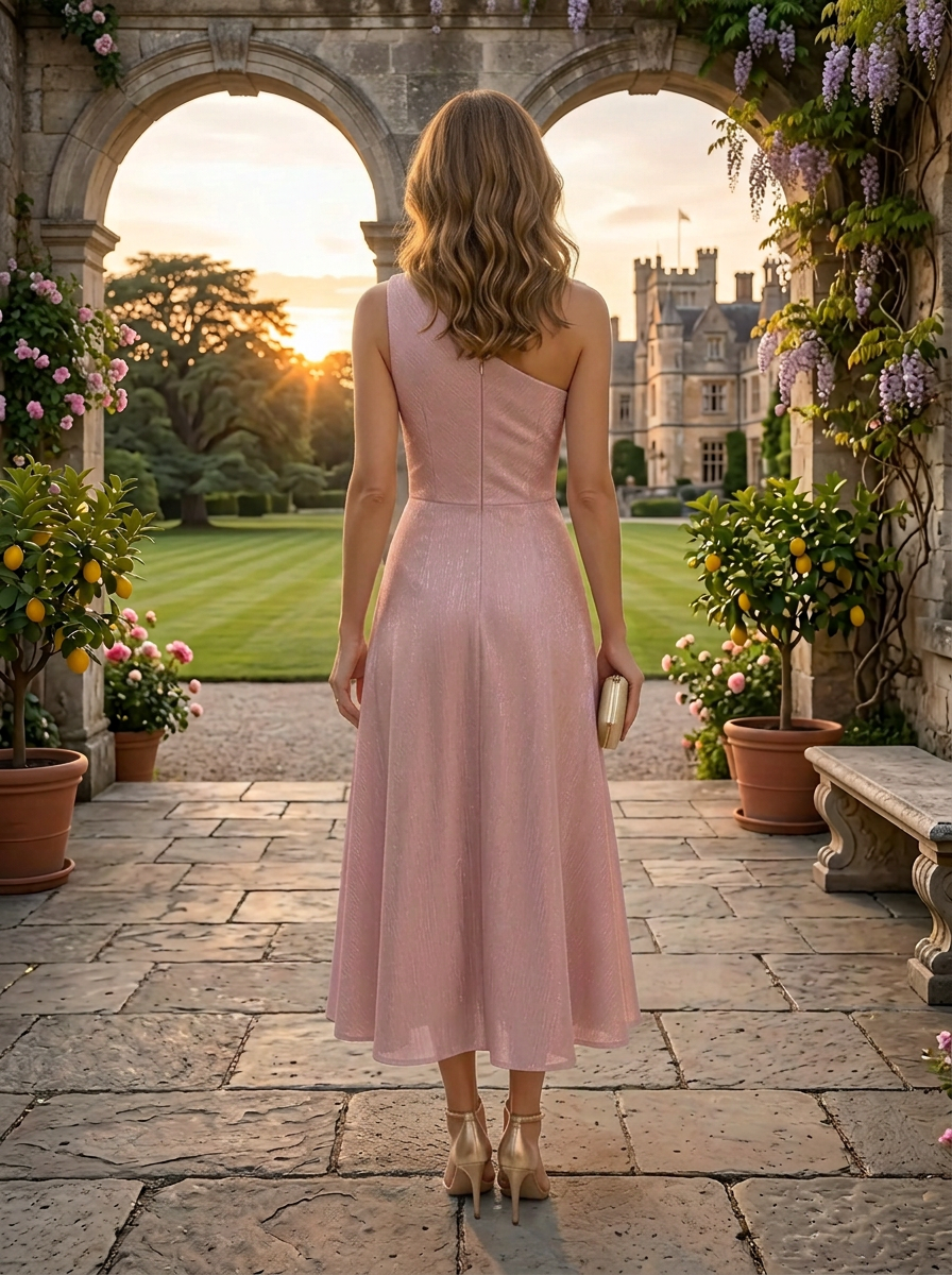Shimmering Dusty Rose Quartz One-Shoulder Draped Midi Mother of the Bride & Groom Dresses 