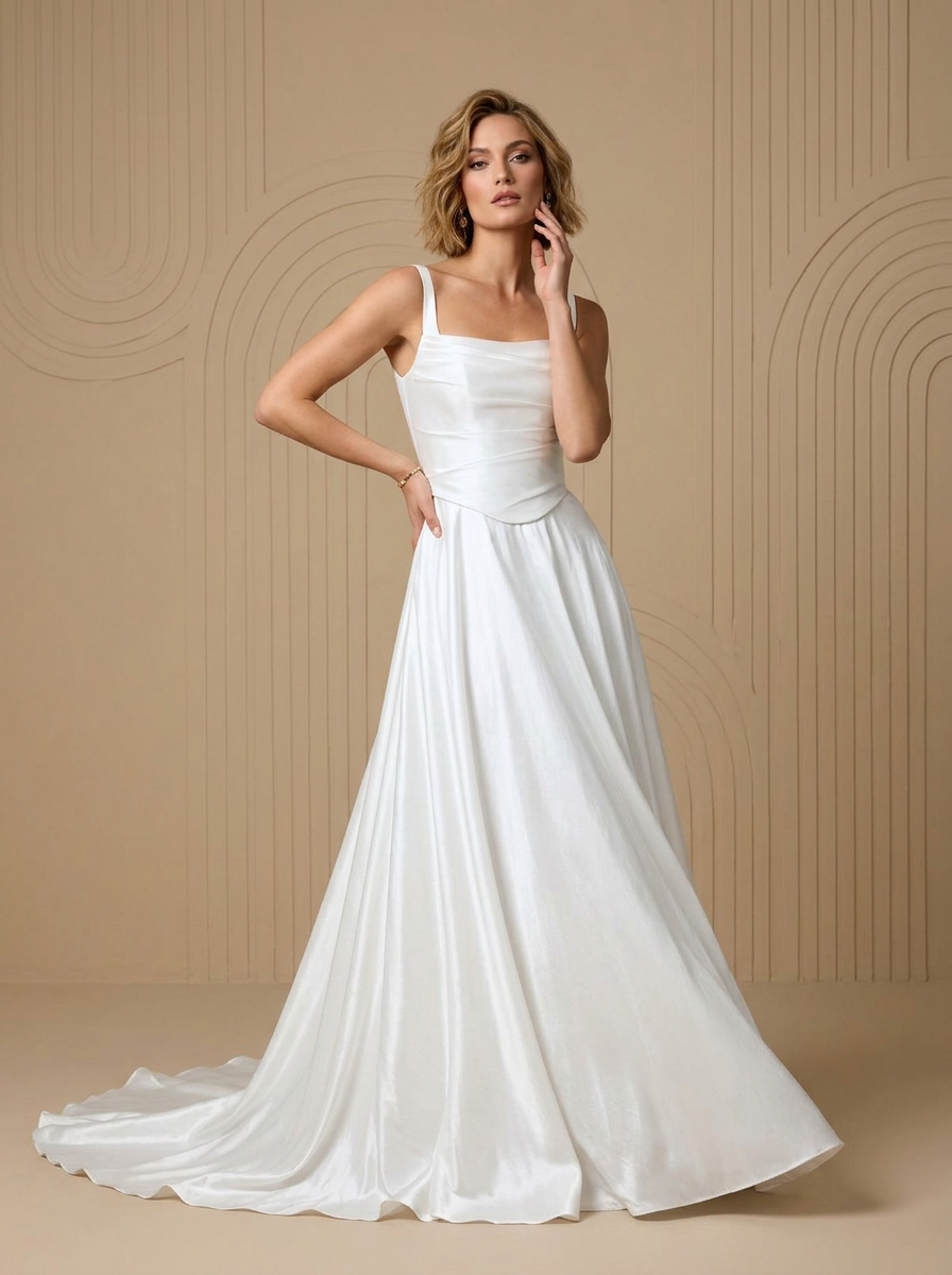 Timeless White A-Line Square Neckline Charmeuse Wedding Dress