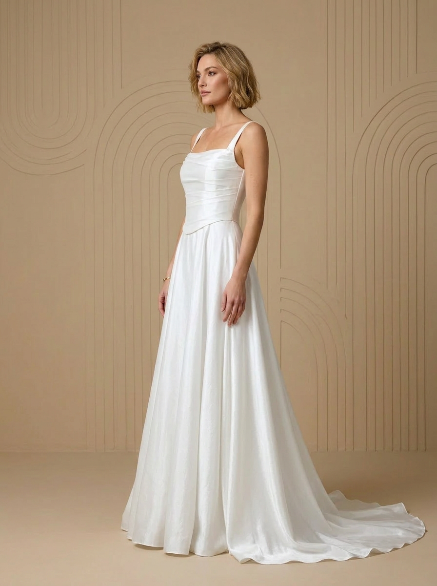  Timeless White A-Line Square Neckline Charmeuse Wedding Dress