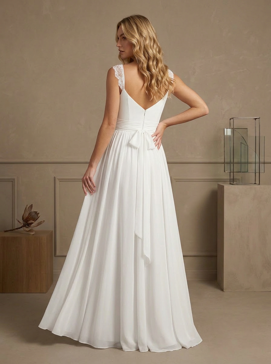 Ethereal White A-Line Lace Chiffon Wedding Dress
