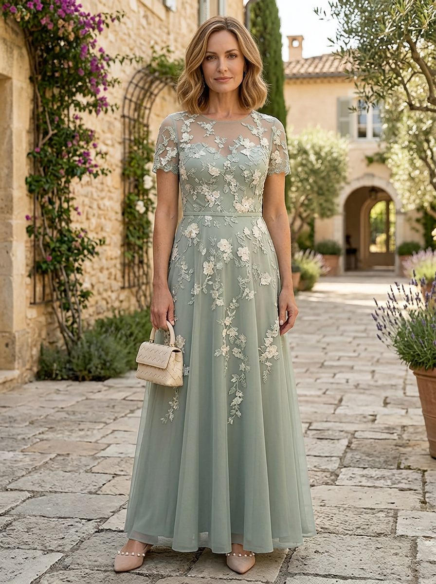 Elegant Sage Green Floral Embroidered A-Line Mother of the Bride & Groom Dresses 