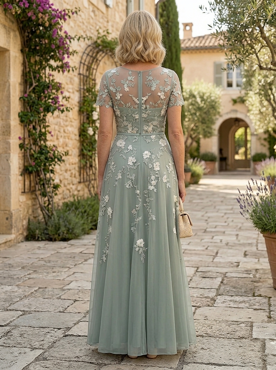 Elegant Sage Green Floral Embroidered A-Line Mother of the Bride & Groom Dresses 