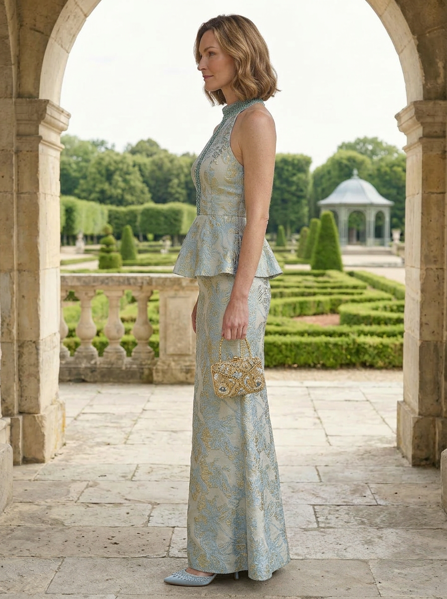 Sophisticated Ice Blue Floral Brocade Peplum Mermaid Halter Mother of the Bride & Groom Dresses 