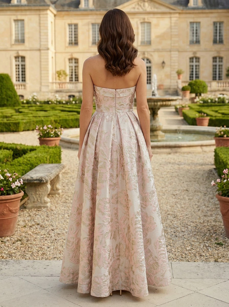 Blush Pink Strapless Floral Brocade A-Line Mother of the Bride & Groom Dresses 