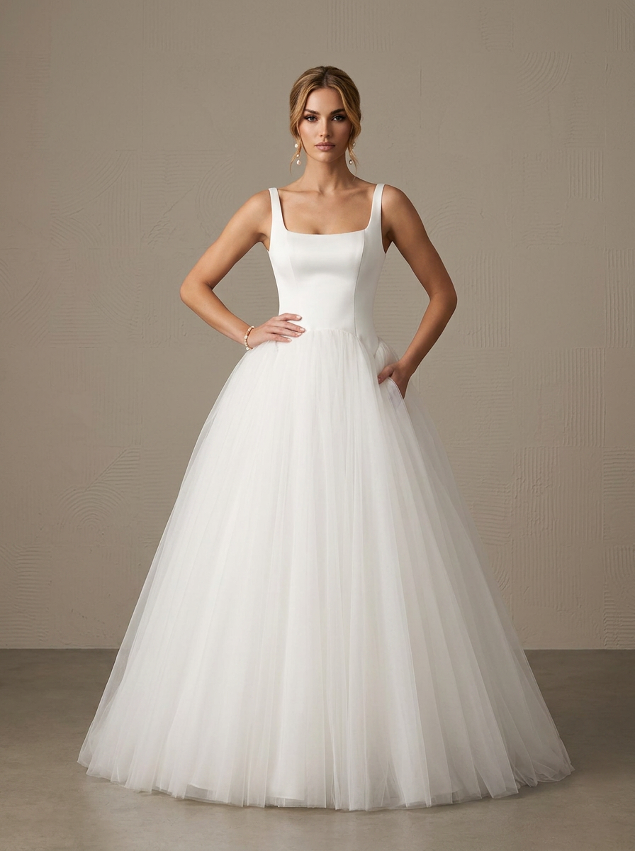 White A-Line Detachable Train Double Faced Satin Square Neckline Wedding Dress