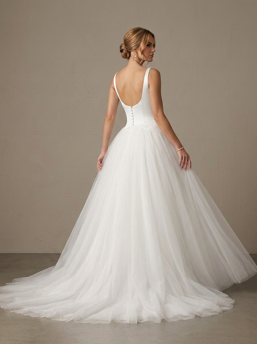 White A-Line Detachable Train Double Faced Satin Square Neckline Wedding Dress