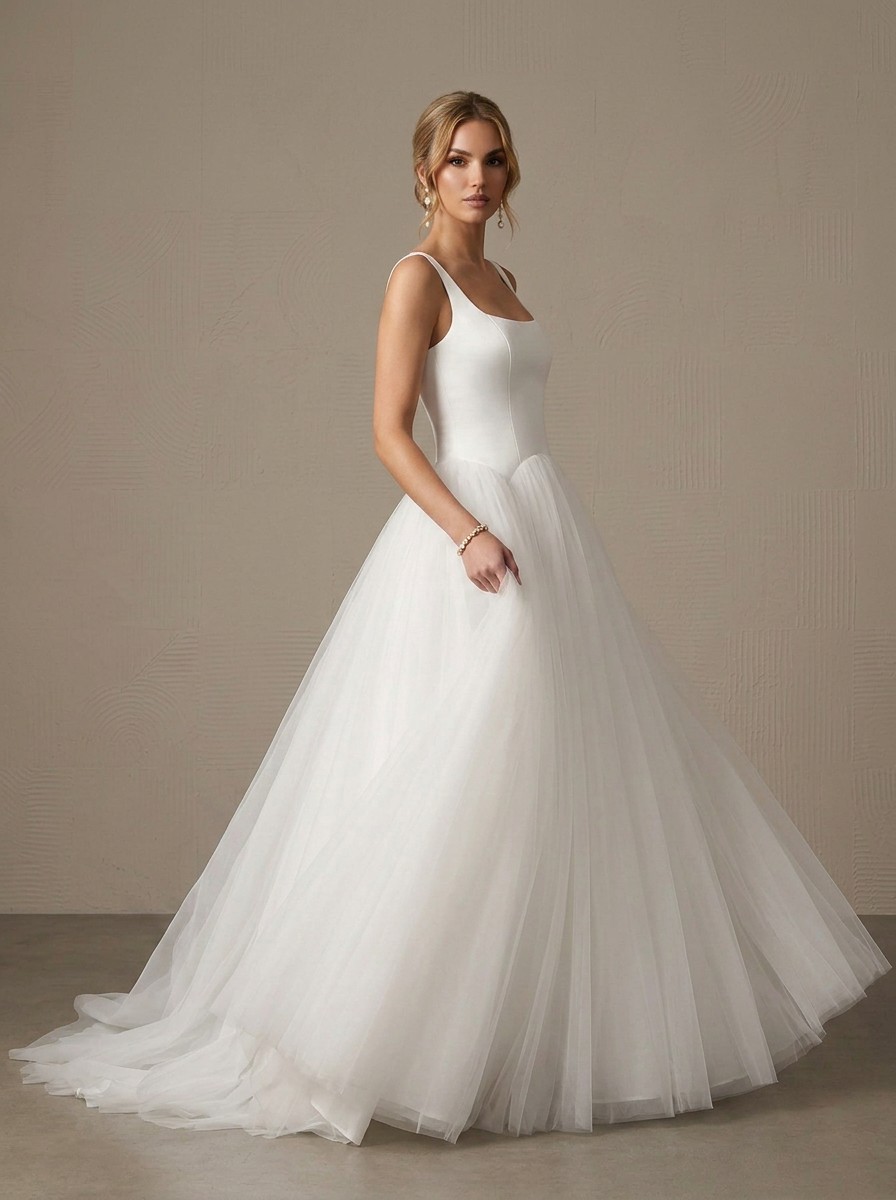 White A-Line Detachable Train Double Faced Satin Square Neckline Wedding Dress