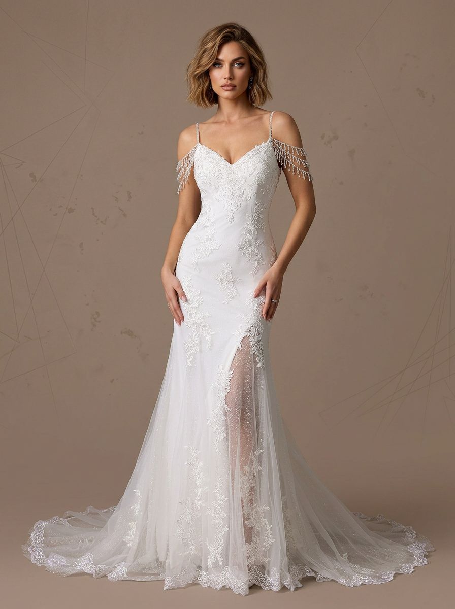 White Mermaid Sequins Tulle Off-The-Shoulder Wedding Dress With Slit
