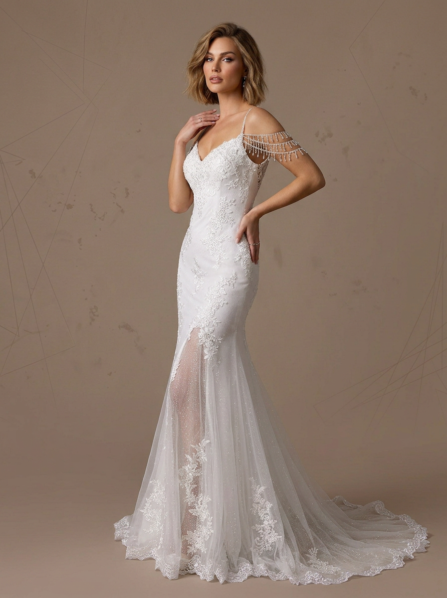 White Mermaid Sequins Tulle Off-The-Shoulder Wedding Dress With Slit
