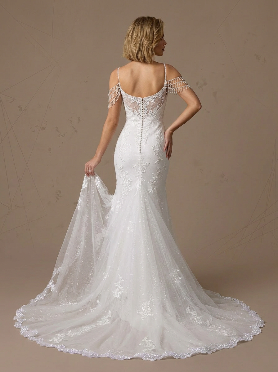 White Mermaid Sequins Tulle Off-The-Shoulder Wedding Dress With Slit